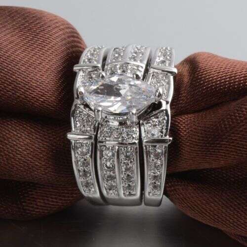 14KT White Gold Filled Marquise Topaz 3-Piece Wedding Band Set for Women - 8ct Topaz, Prong Setting, Sizes 6-10