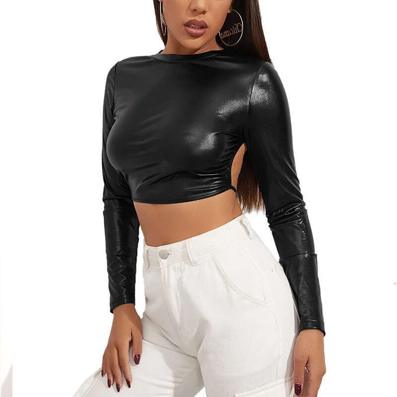 2024 new women's patent leather sexy shiny tight strap top nightclub performance outfit