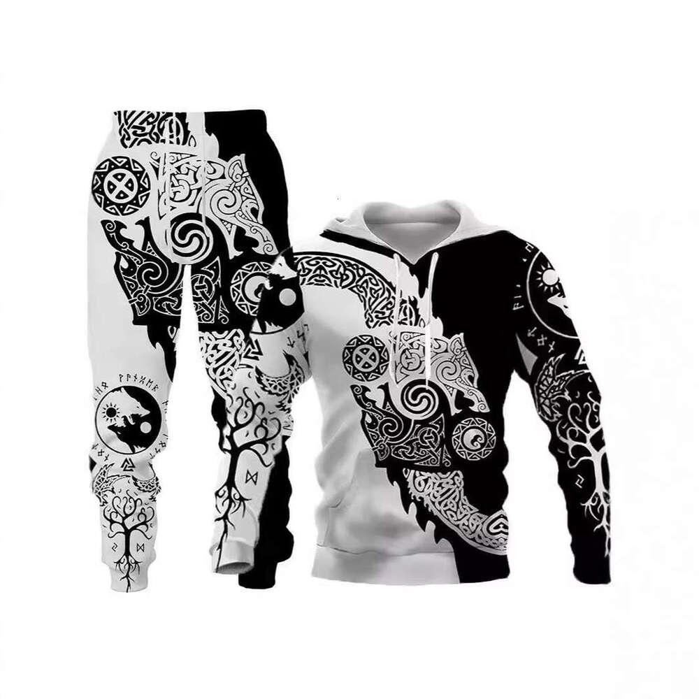 2024 New Fierce Wolf 3D Printed Set Spring Autumn European and American Men's Hoodie