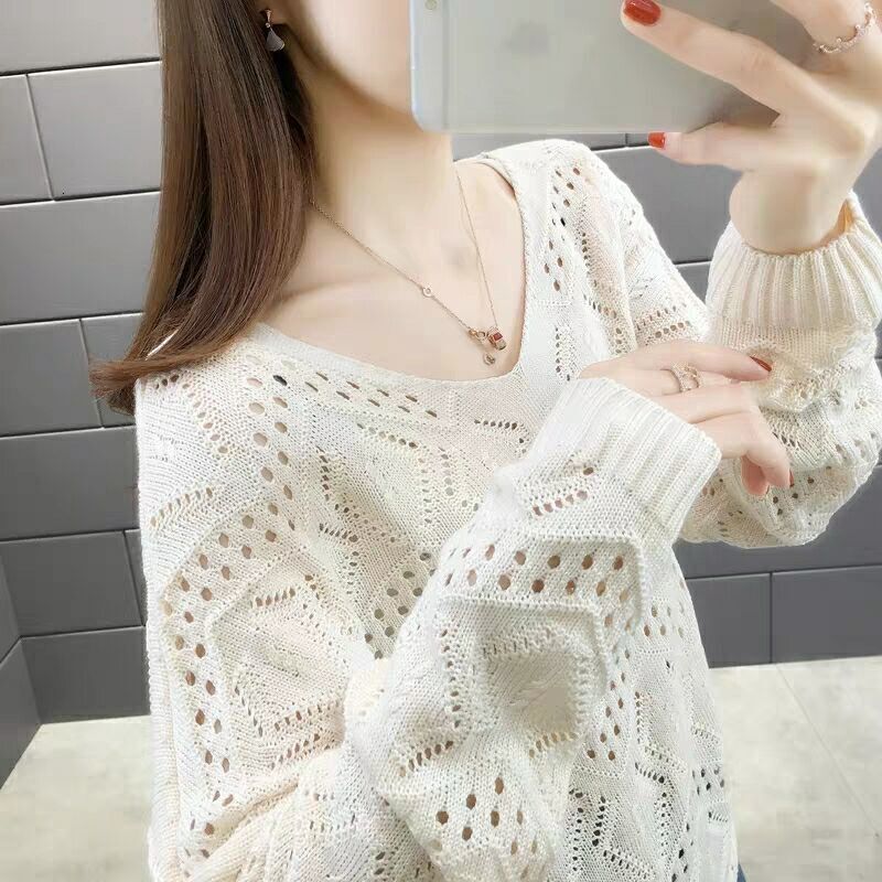 New hollowed out knitted women's new pullover with spring and autumn collar top, loose long sleeved thin designer sweater bottom shirt