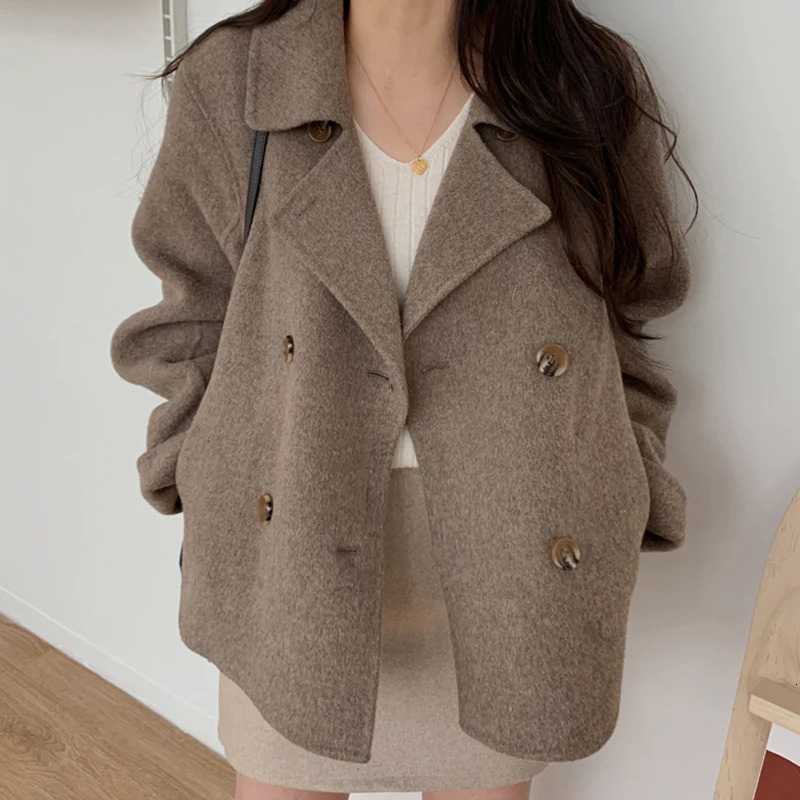 Autumn Winter Double Breasted Woolen Coat Women Korean Style Turn Down Collar Wool Jacket Woman Solid Colort Thick Coats Ladies 241121