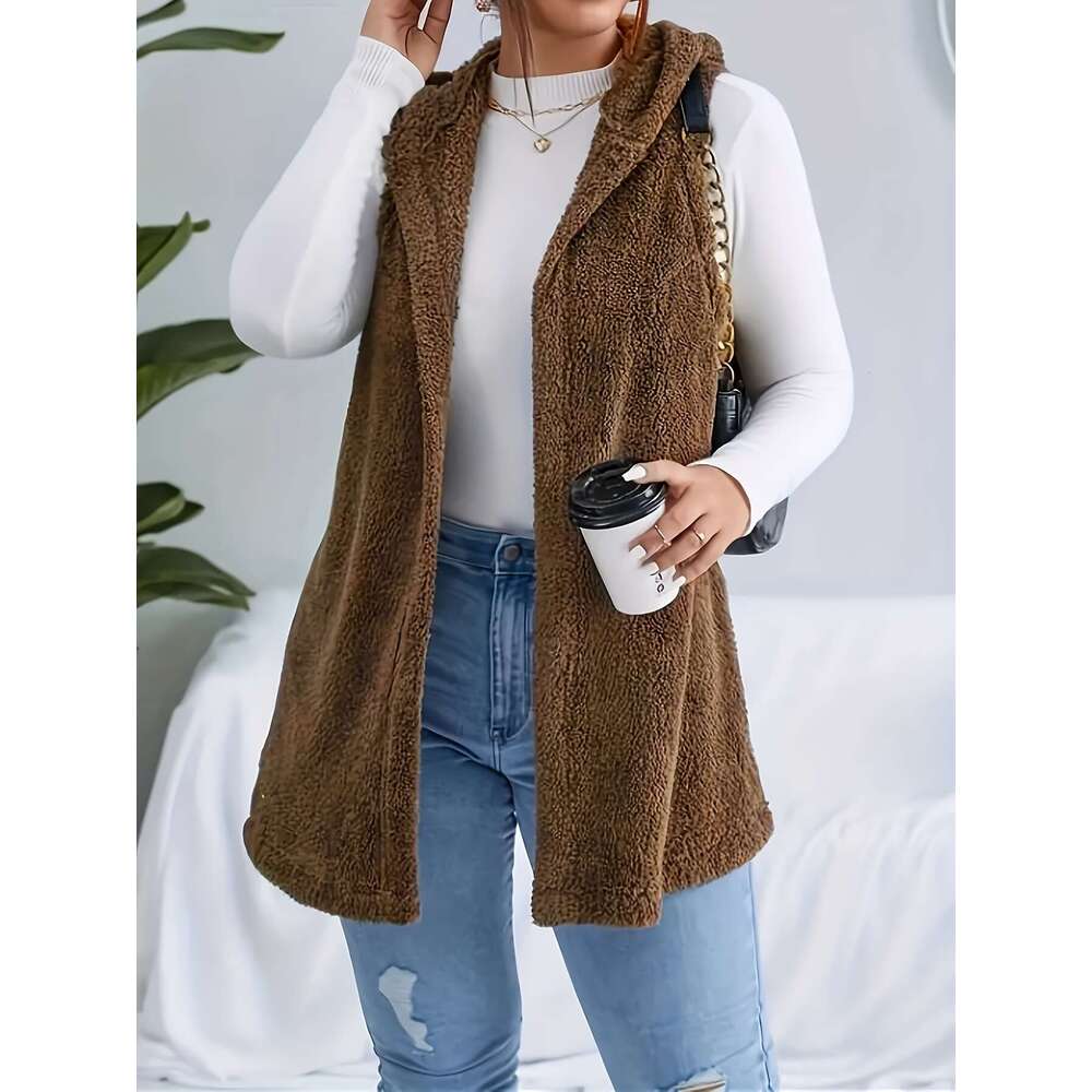Plus solid color plush open top vest elegant warm hooded sleeveless jacket, suitable for autumn and winter, women's plus size clothing