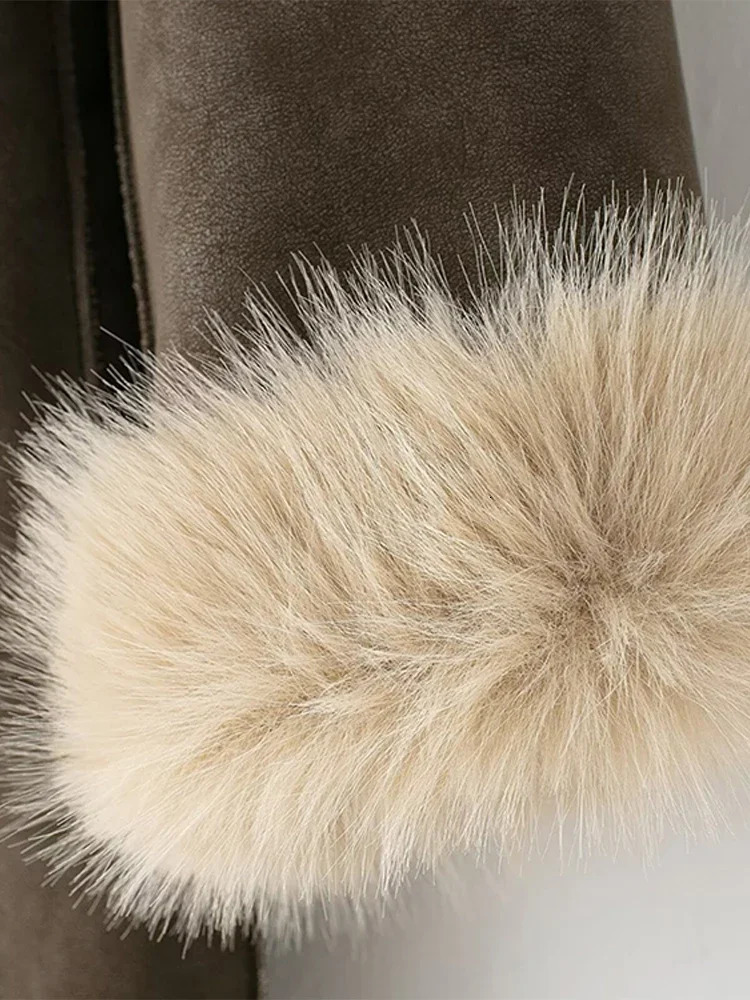 Vintage Fur Leather Long Jacket Casual Lapel Big Pockets Thicken Warm Coats Female 2024 Winter Chic Loose Outwears Lady 241121