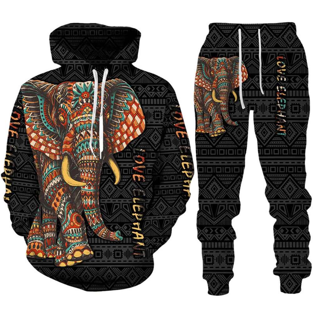 2024 Autumn/Winter Men's Elephant Pattern 3D Printed Long Sleeve Hoodie, Sweatshirt, Pants, Animal Set