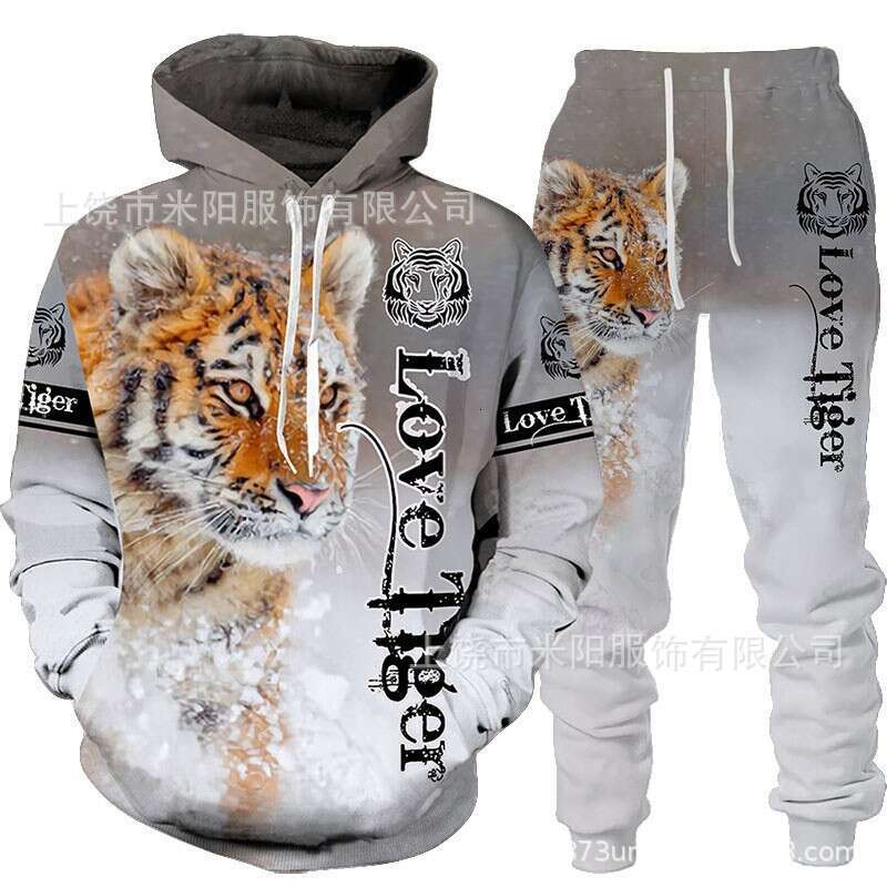 2024 new tiger 3D printed hooded casual loose hoodie set for spring autumn European and American men's hoodies