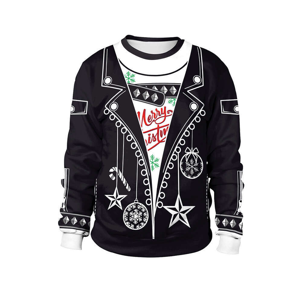 2024 New Punk Style Jacket 3D Printed Christmas Deer Pattern Fake Two Piece Round Neck Hoodie for Men and Women