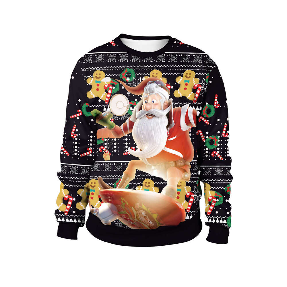 European and American Christmas women's clothing 2024 spring new digital print fake two piece round neck loose hoodie couple outfit