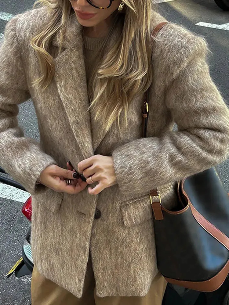 Retro Woolen Button Suit Coat Casual Loose Turndown Collar Gray Lady Autumn Winter Classic Elegant Street Outwear 241121