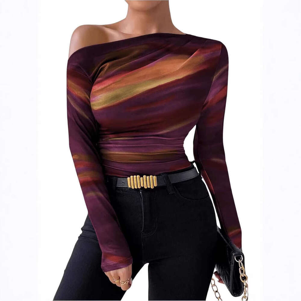 2024 Summer New Fashionable Tie Dyeing Printed Asymmetric Ruffle Edge Long Sleeve T-shirt