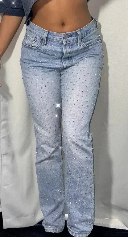 American jeans Y2K pants womens Gothic hip-hop pocket sequins rhinestone retro blue jeans fashionable ultra-thin high waisted Trousers 241127