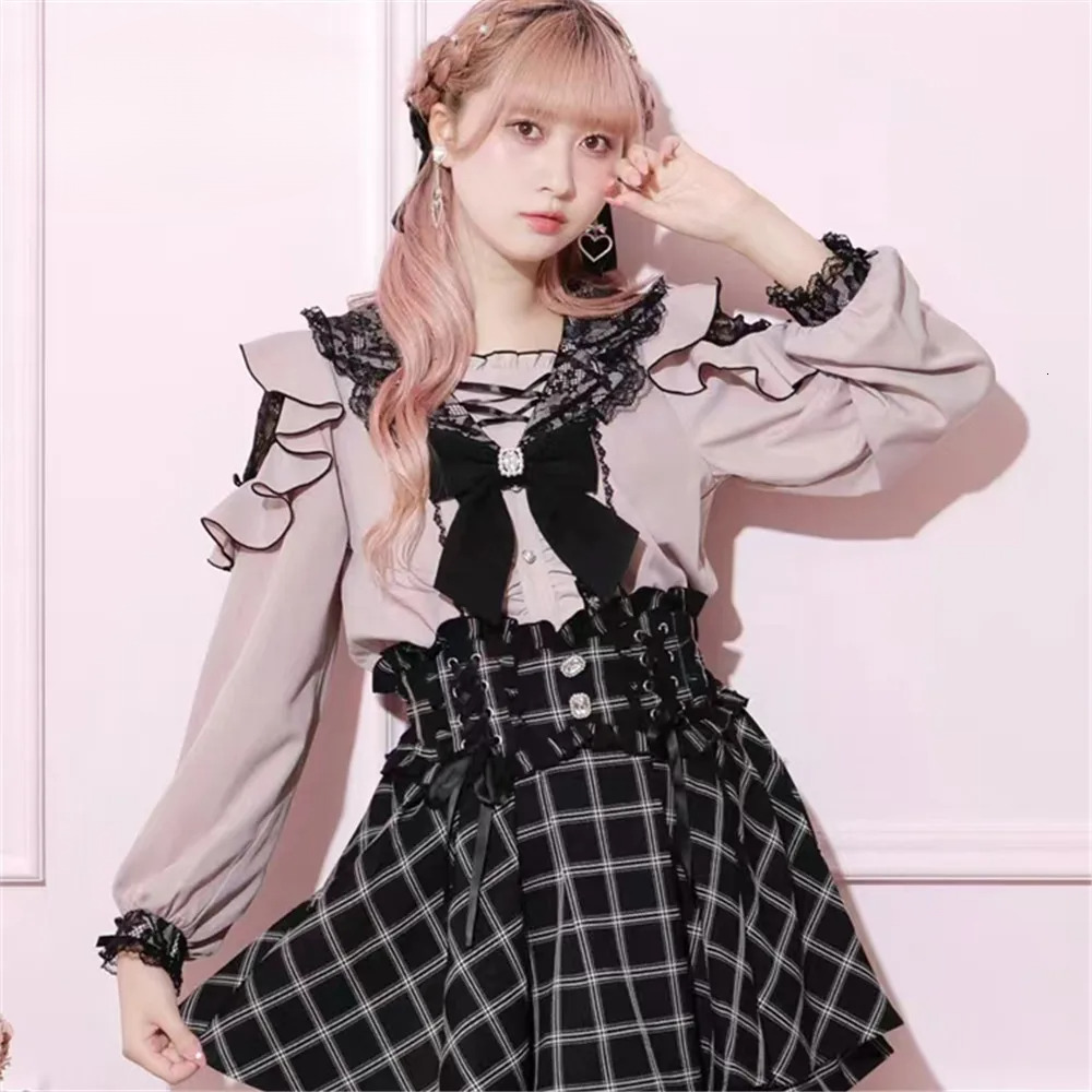 Original Mine Shirt Female Lolita Girls Sweet Cute Bow Lace Navy Collar Long-Sleeved Top Shirts Autumn New Blusas Mujer