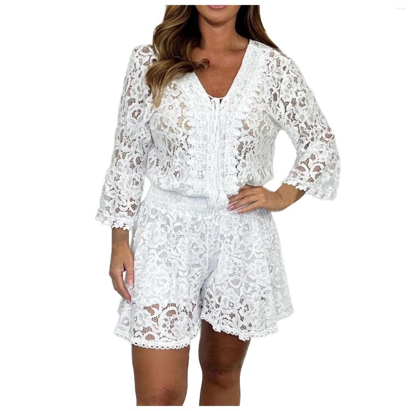 Women's Tracksuits Hollow Embroidery Lace Crochet Set Women 2 Pieces Spring V Neck Tie-up Tassel Top & Shorts Outfits Summer Flare Sleeve