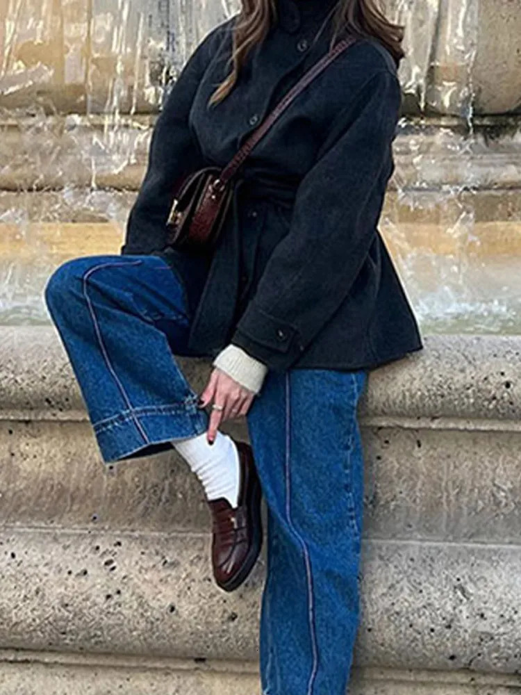 Winter Warm Lace up Womens Coat Solid Color Vintage Single Breasted Fashion Autumn Jackets Retro Outerwear 241121