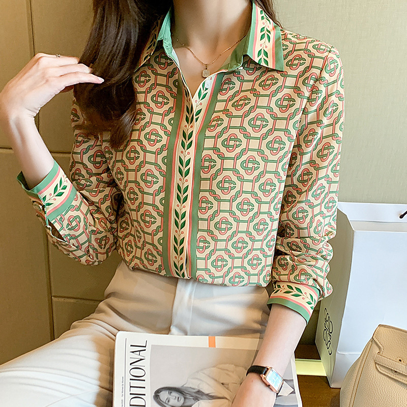Fashion Printed Chiffon Shirt Spring/Summer Long Sleeved Lapel Casual Top