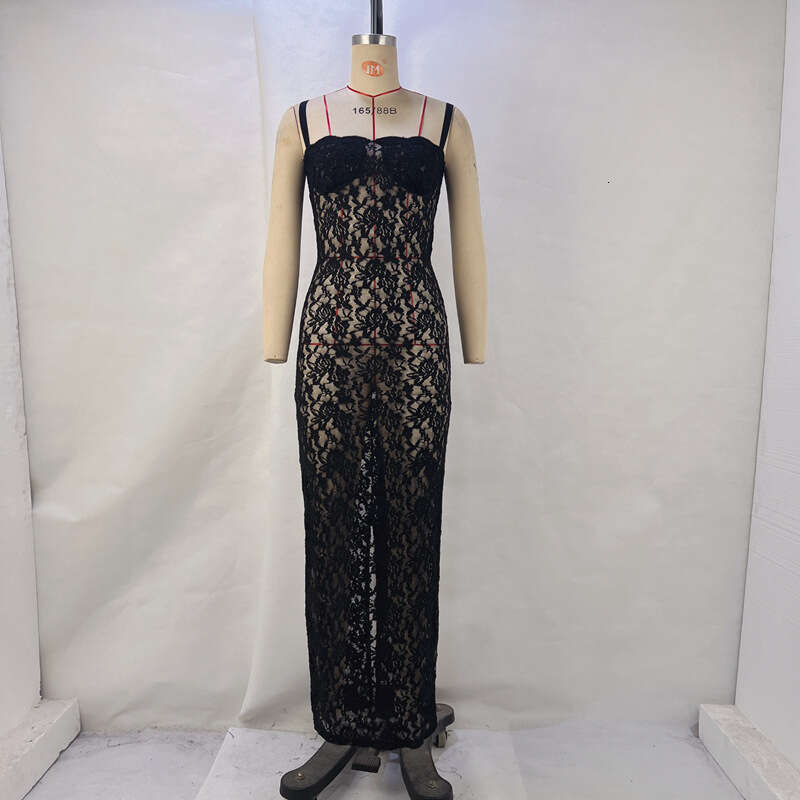 Feng 2024 New Women's Fashion One e Neck Sexy Perspective Lace Slim Fit Hanging Strap Dress