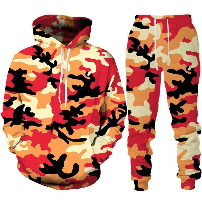2024 autumn and winter new camouflage 3D digital printing daily men's hooded casual loose hoodie set