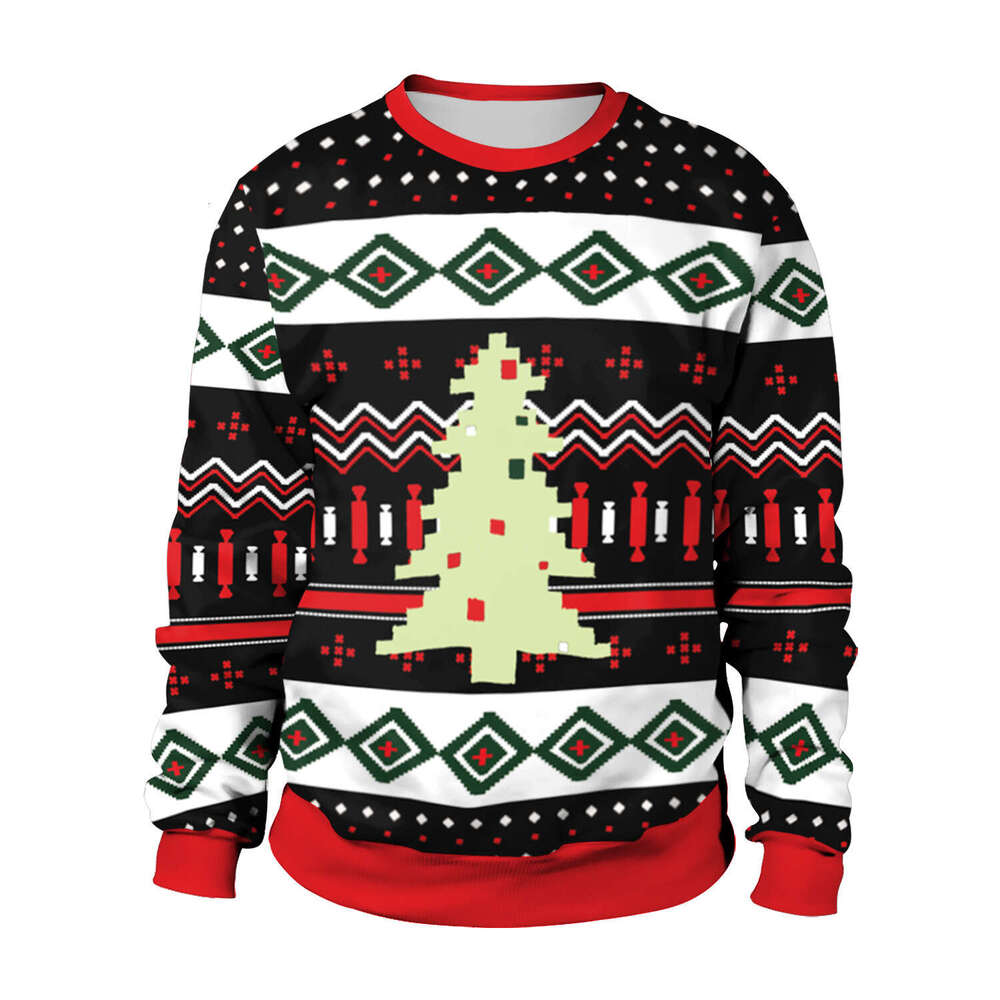 European and American Christmas women's clothing 2024 spring new digital print fake two piece round neck loose hoodie couple outfit