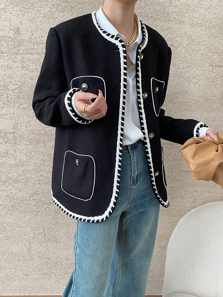 EOEN Fashion Women's Contrast Color Border Jacket Round Neck Loose Single Breasted Tweed Coat Autumn 2024 New
