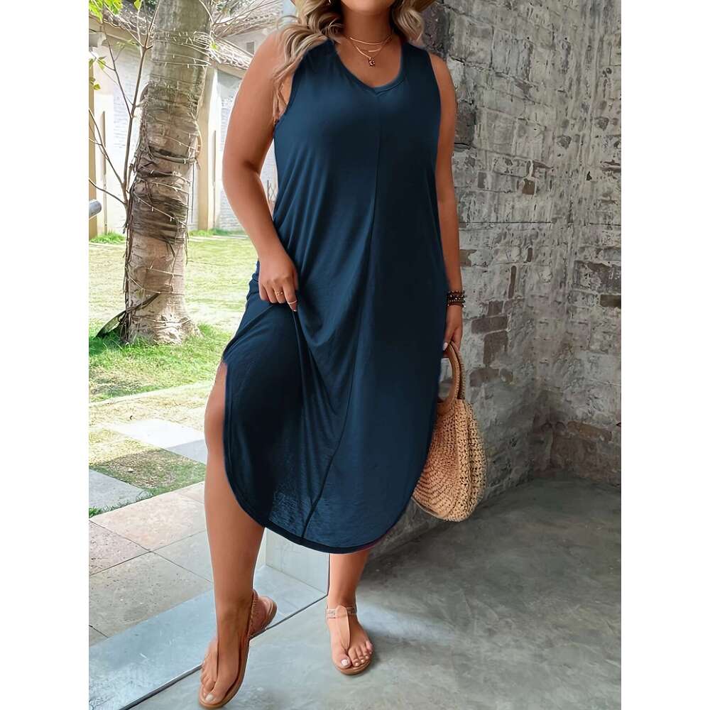 Large solid color curved hem vest skirt, spring and summer casual sleeveless dress, plus size women's clothing