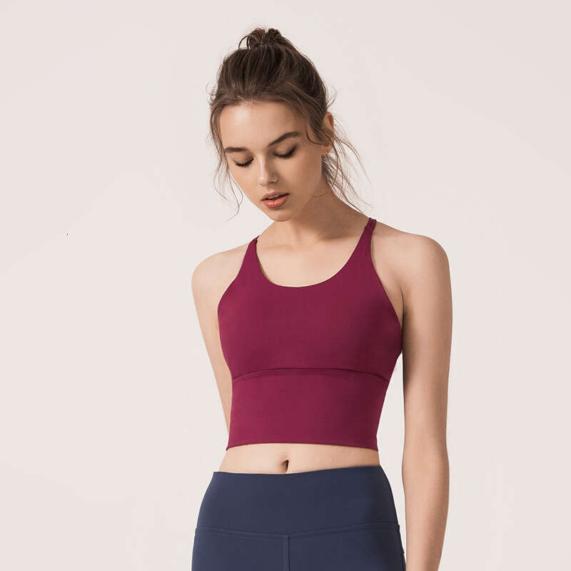 European and American solid color shoulder strap cross back sports shockproof vest fiess bra women's yoga clothing