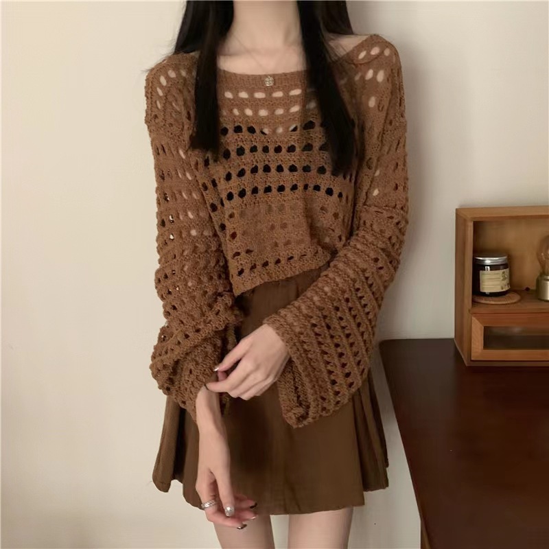New loose and lazy style solid color top shirt for early autumn, Korean hollow knit designer women's sweater