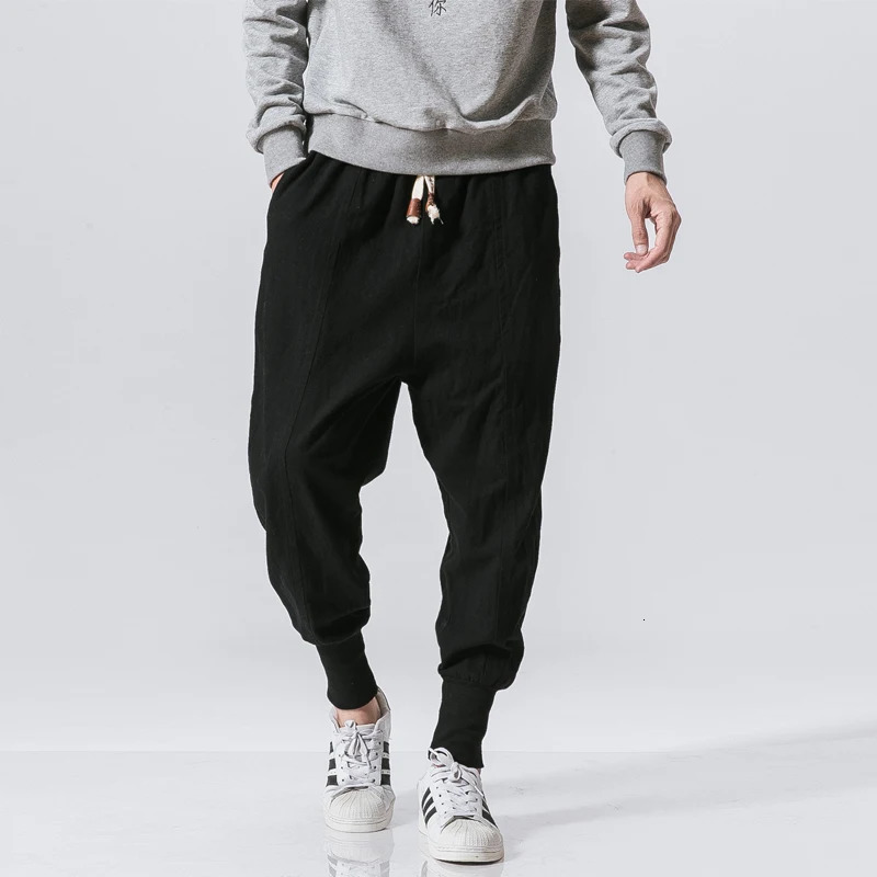Spring Casual Oversize Harem Pants Men Streetwear Solid Color Harajuku Baggy Cotton Linen Elastic Waist Joggers For Man 241120