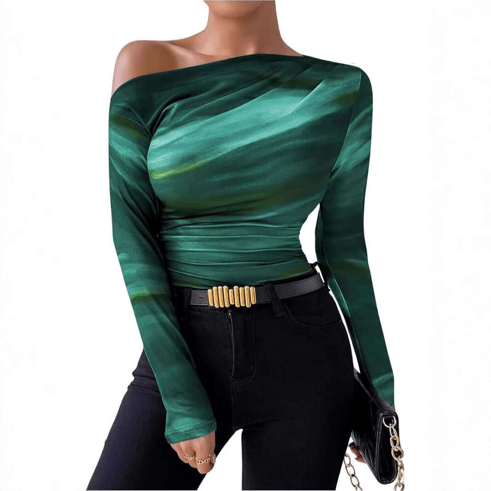 2024 Summer New Fashionable Tie Dyeing Printed Asymmetric Ruffle Edge Long Sleeve T-shirt