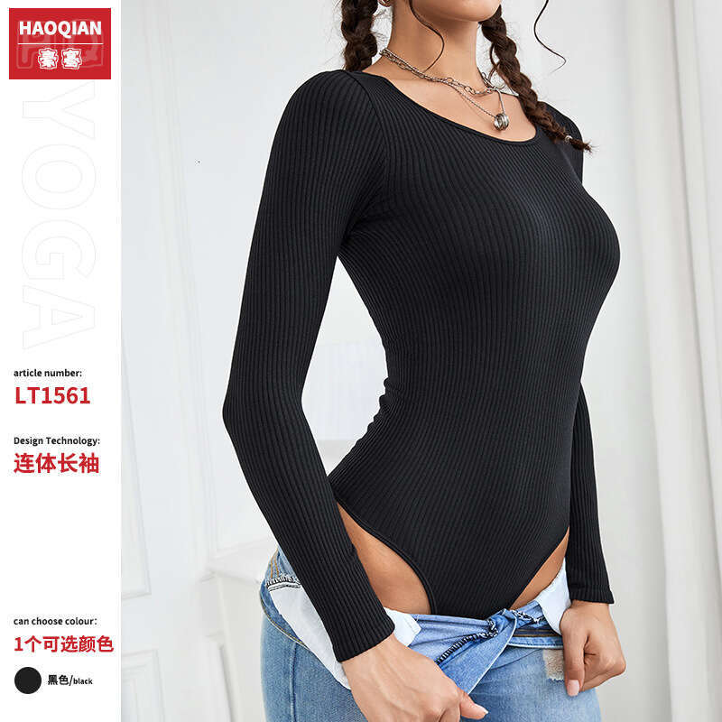 2024 New Fashion Women's Seamless Knitted Ribbed Long Sleeve Tight Sexy jumpsuit with Versatile Style