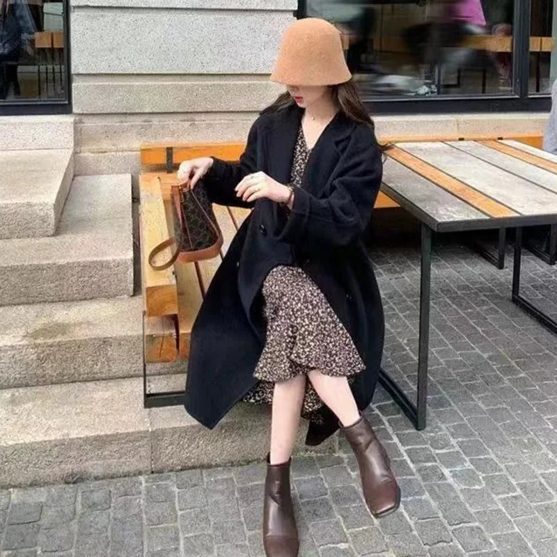 2024 Autumn Winter Women Sweet Elegant Purple Apricot MidLong Coat Jackets Lady Chic Ins Korean Style Daily Thermal Woolen 241121