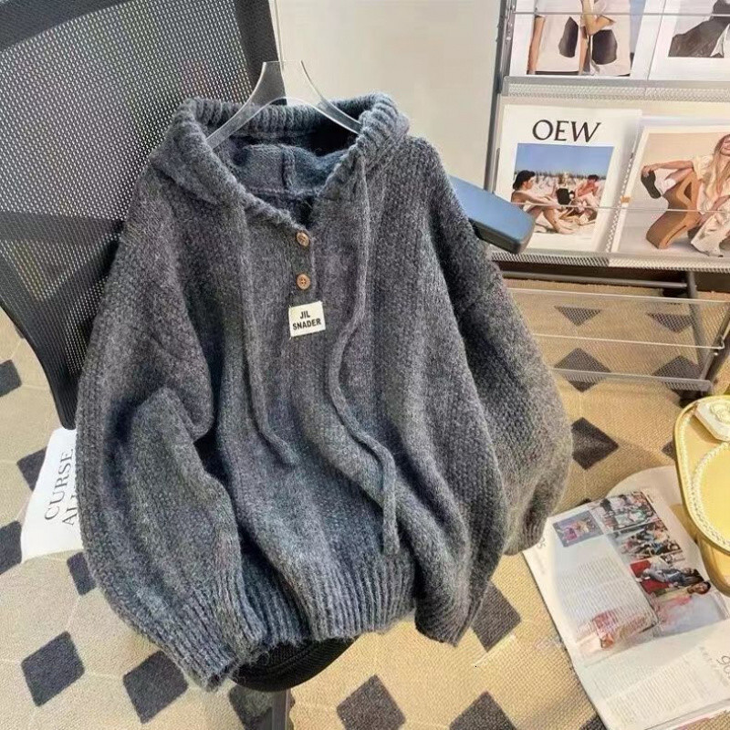 New autumn and winter Korean loose lazy style hooded women's sweater, new soft glutinous rice pullover sweater, drawstring designer knitted sport