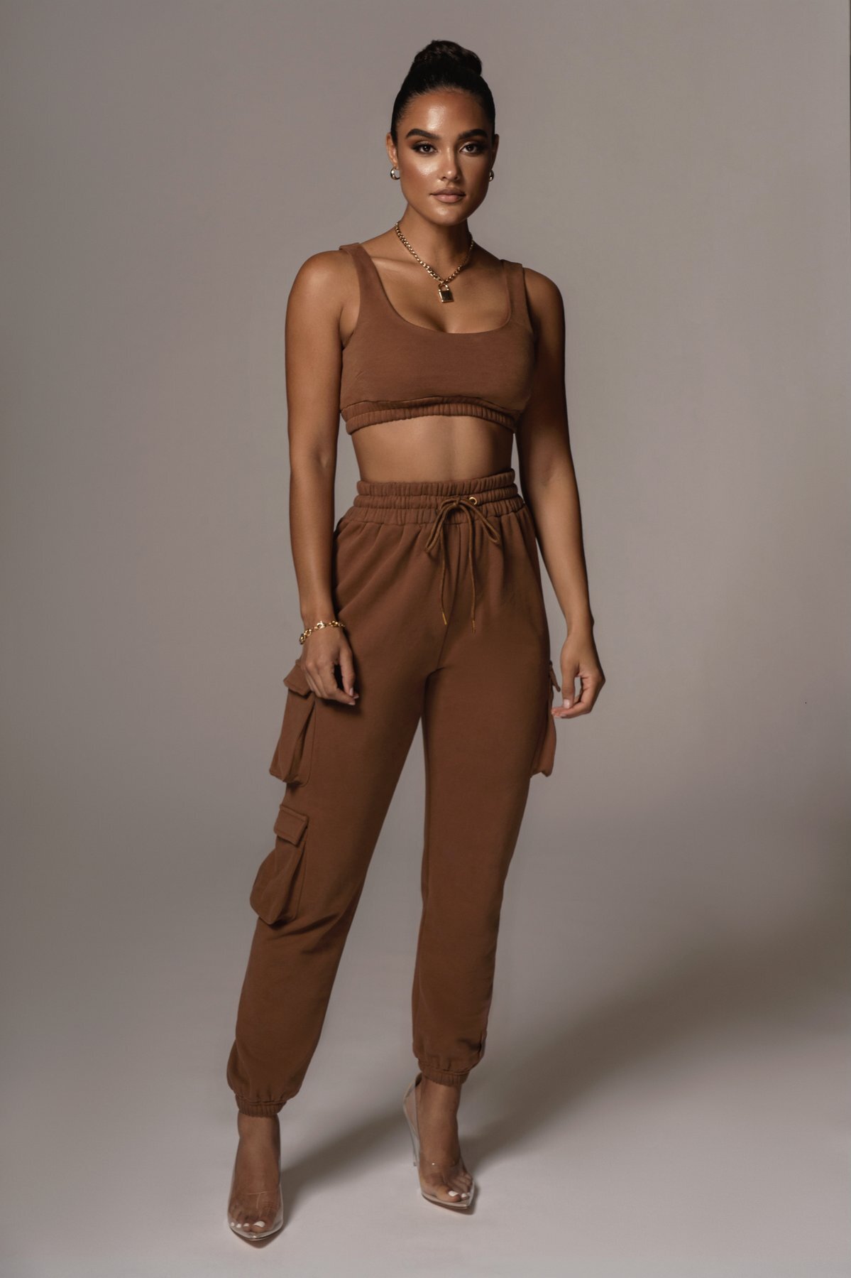 2023 Women's Fashion Casual Solid Color Pocket Strap Sports Pants Tank Top Two Piece Set