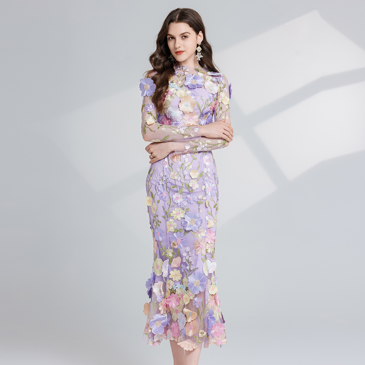 Basic Casual Women Dresses Summer Embroidery Lace Prom Dress Women French Luxury 3D Flower Fishtail Long Sleeve Mermaid Dress Party Bodycon Holiday Ve