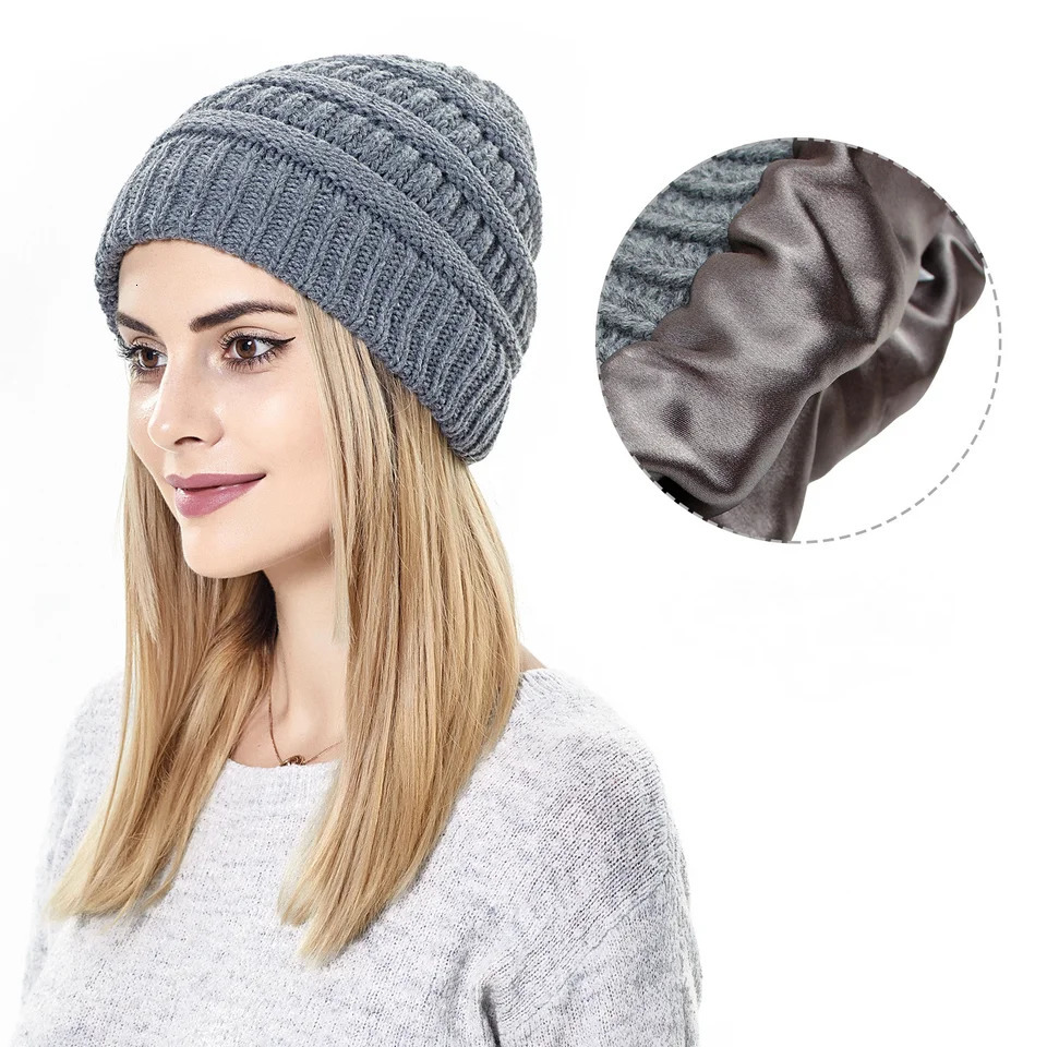 Fashion 9 Colors Winter Warm Knitted Hat Satin Silk Lined Cable Knit Beanie y Slouchy Skull Cap 241125