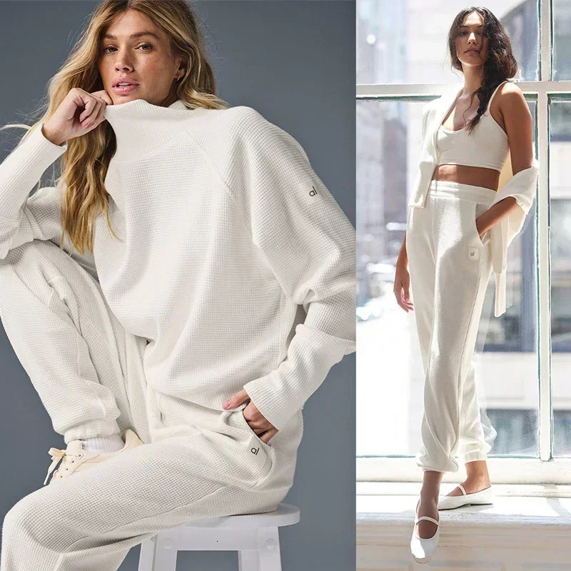 2024 Yoga Jogger Set Waffle Weekend Escape Mock Neck Long Sleeve Solid Color Casual Fashion Shirt