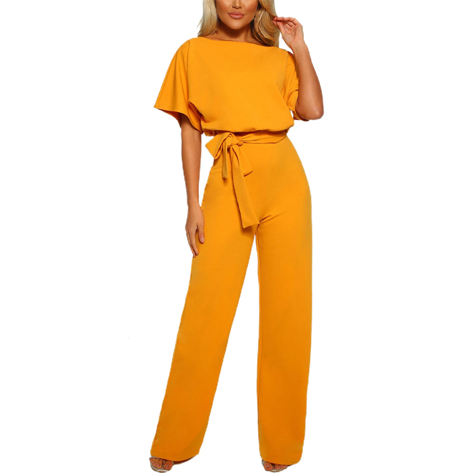 Jumpsuit Lace Up High Waist Elegant Women Solid Color Straight Leg Romper Fashion Shortsleeved Round Neck for Dating 241120