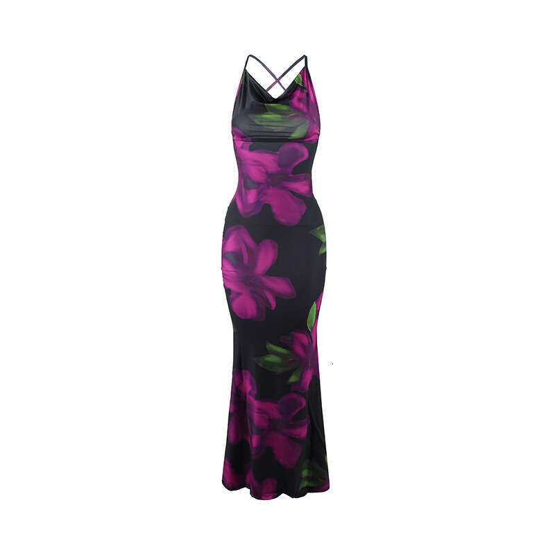 2024 style new dress with floral print, cross shoulder straps, exposed back, slim fit, and long skirt inside
