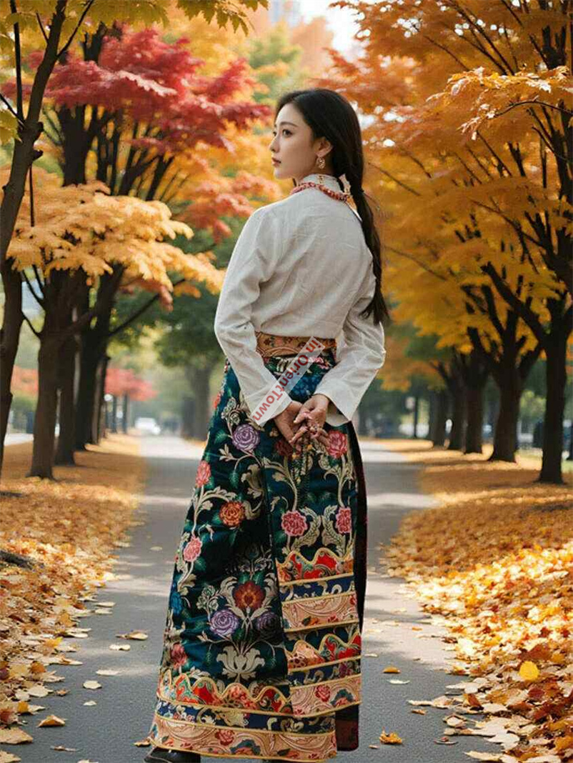 Tibetan Clothing for Women Autumn Blouse + Skirt Ethnic Style Tibetan Tops + One-Piece Wrapped Skirts Travel Photos Uniform