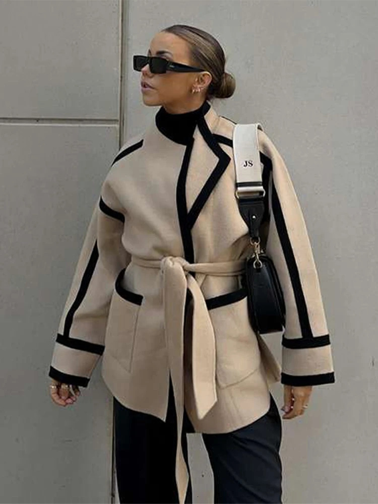Spliced Contrast Woolen Coat Women Long Sleeve Thicken Jacket with Belt Pockets 2024 Autumn Casual Ladies Outwear 241121
