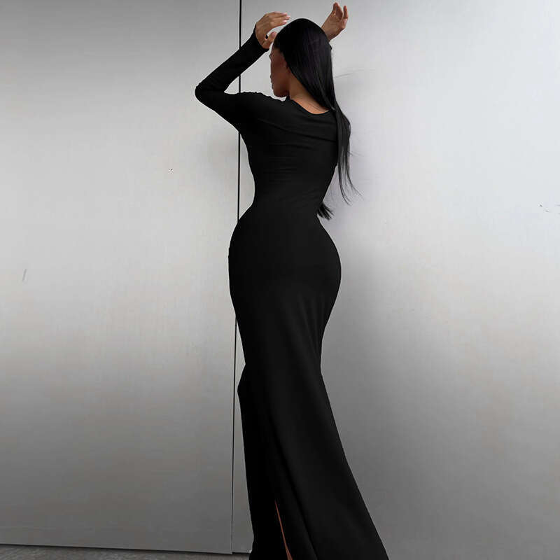 Women's 2024 Spring/Summer New Solid Color Long sleeved Waist Wrap Hip Split Dress Children's Vacation Style