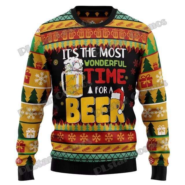 Autumn Winter Happy Beer 3D Digital Printing Ugly Christmas Men's and Women's Casual Round Neck Hoodie