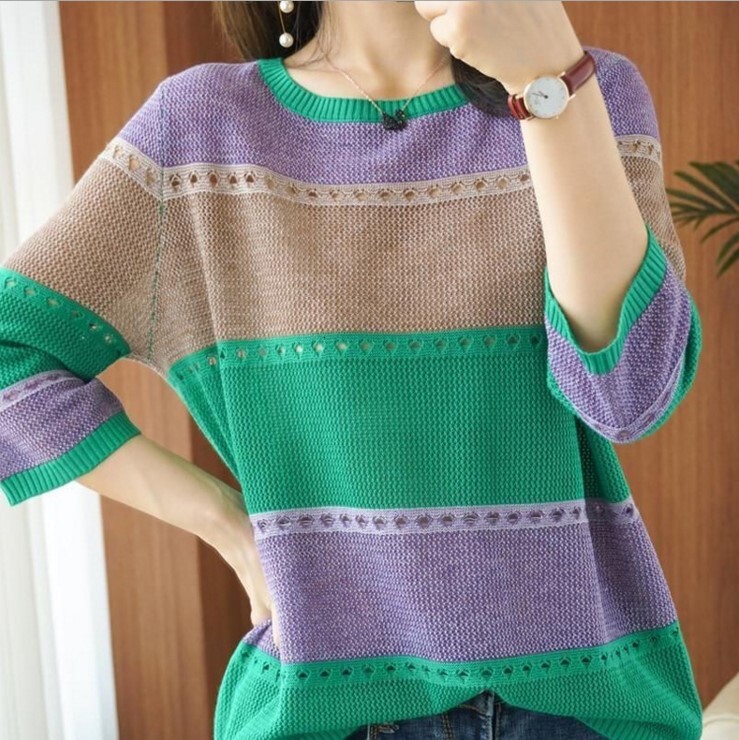 New round neck colored pullover sweater, knitted sweater for women, Korean version, loose fit, hollow T-shirt, seven quarter sleeve designer women
