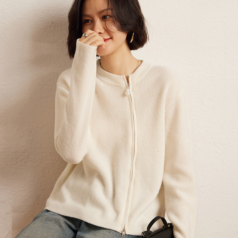 Double Zipper Cardigan Women's Autumn Winter French Fashion Long Sleeved Solid Color Round Neck Cashmere Knitted Jacket