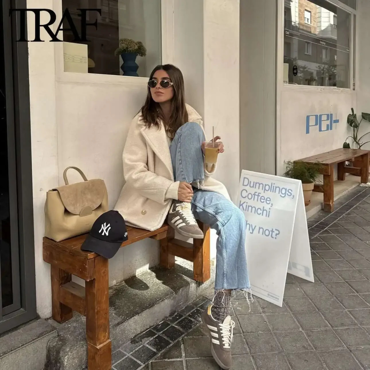 TRAF White Wool Blend Jacket Women Fashion 2024 Autumn Winter Double Breasted Lapel Long Sleeved Warm Short Coats 241121