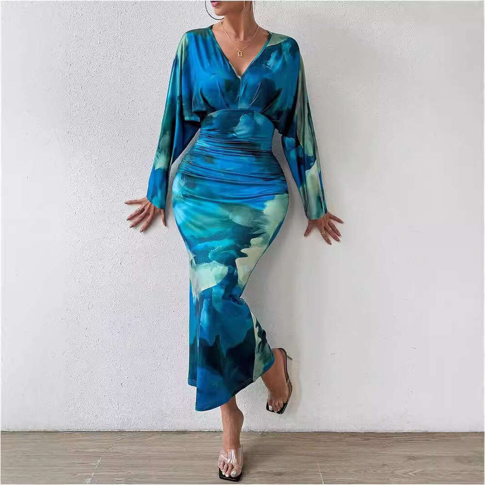 2024 Shein autumn new V-neck pleated women's sexy slim fit batwing sleeve dress