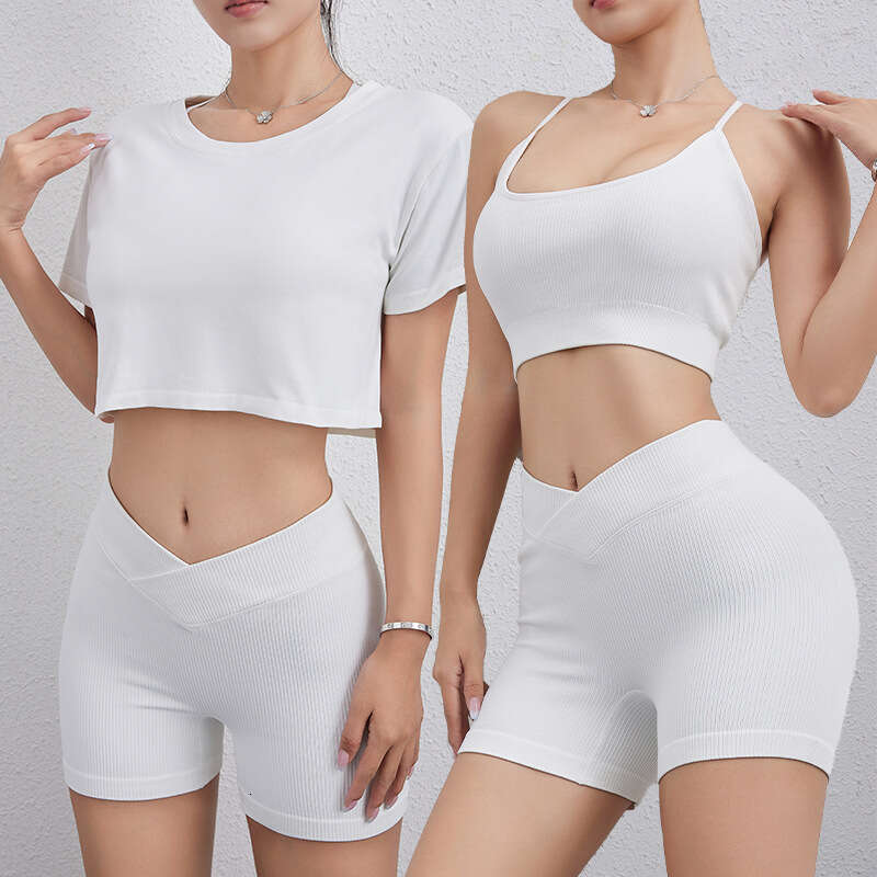 Summer Threaded Sexy Y-shaped Back Bra Yoga Suit Running Sports Fiess 3-Piece Set