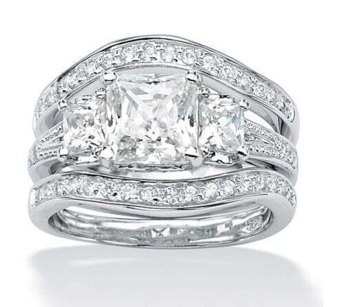 Three Stone White Topaz Princess Cut Wedding Ring Set 10K Gold Filled for Women (Size 5-11)