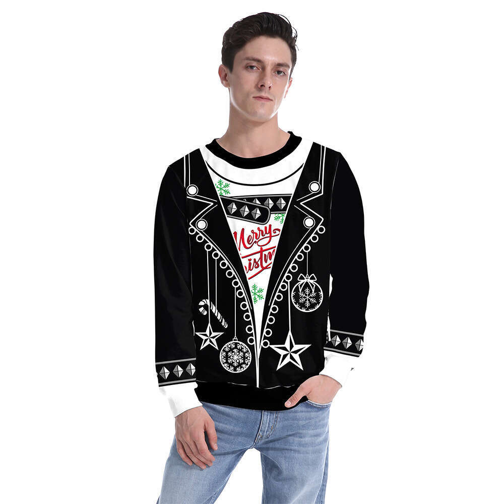 2024 New Punk Style Jacket 3D Printed Christmas Deer Pattern Fake Two Piece Round Neck Hoodie for Men and Women