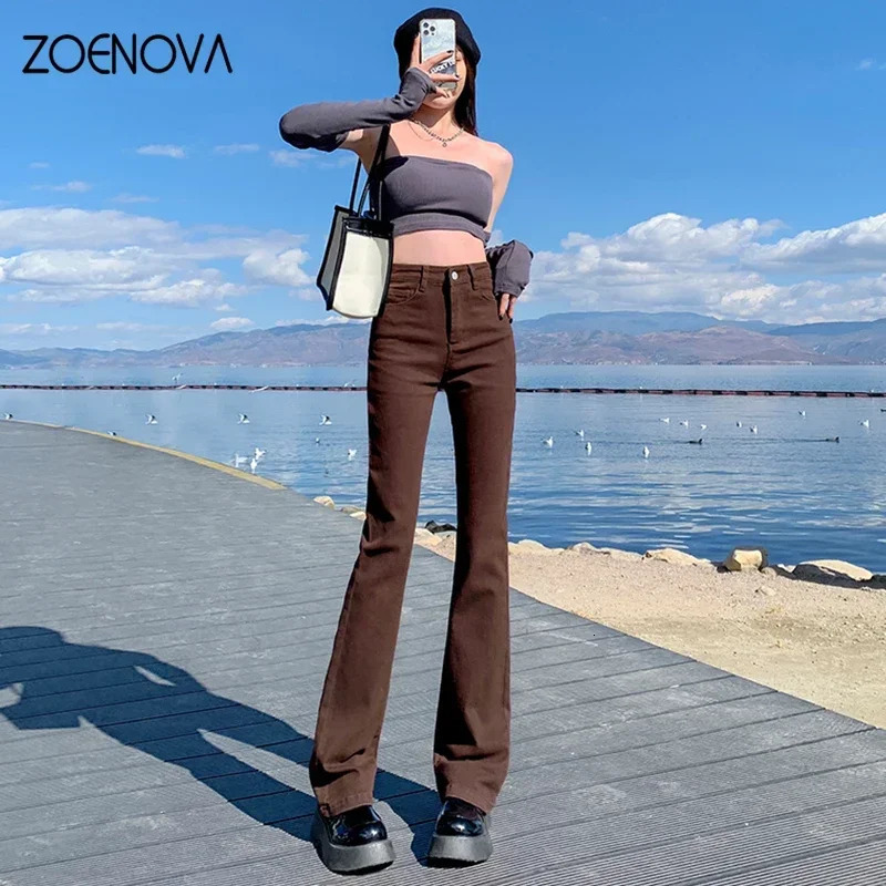 ZOENOVA Womens Brown Shining Jeans Elastic Tight Straight Summer Jeans rens Y2k Casual Street Clothing Retro Trousers 241122