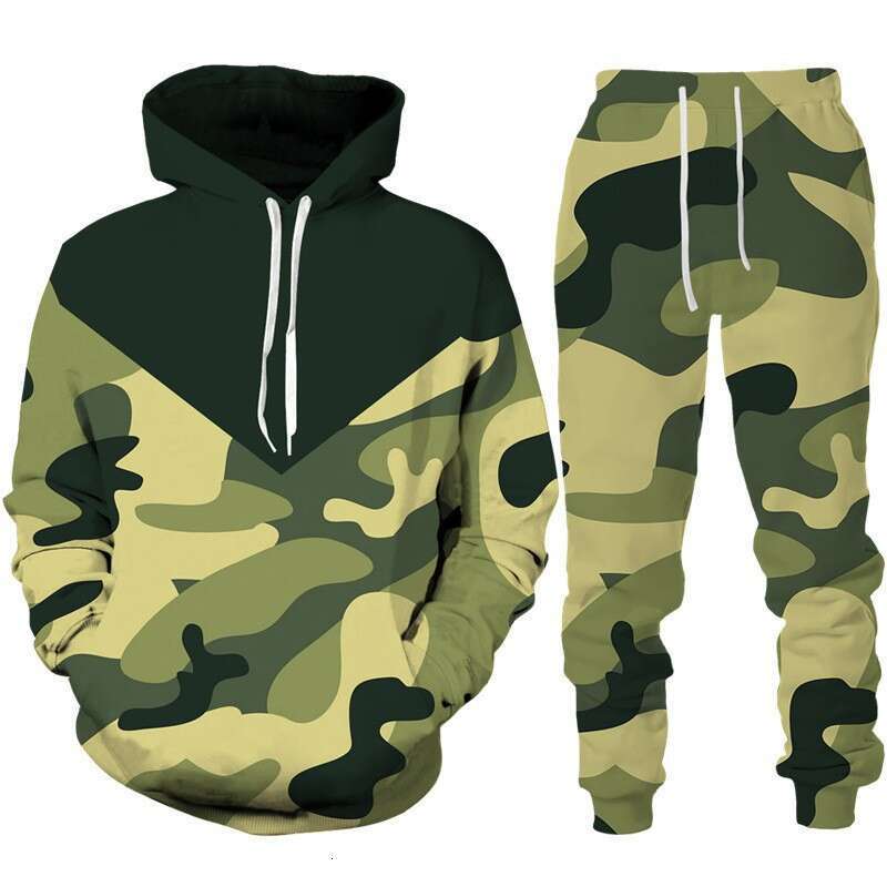 2024 autumn and winter new camouflage 3D digital printing daily men's hooded casual loose hoodie set