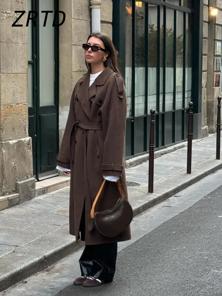Street Womens Woolen Overcoat With Belt Loose Lapel Double Breasted Full Sleeve Long Coats 2024 Autumn Winter Lady Trench Coat 241121